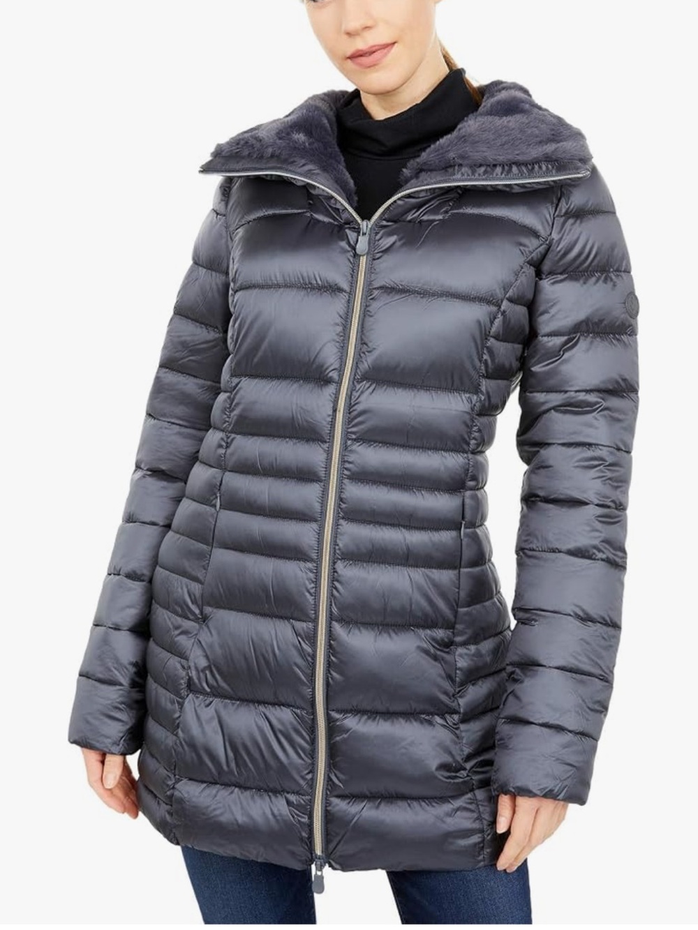 Save The Duck Sz L Jacket Iris Shiny Iridescent Faux Fur Collar Puffer Coat Grey